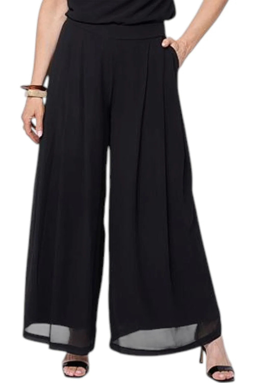 WynneCollection Women's Chiffon Pleated Trousers Black - Petite